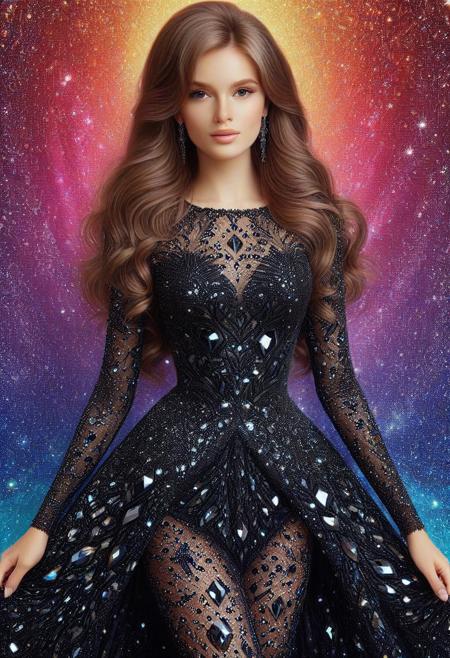 p1nkblackd1am0nds, Dress made out of black diamonds, Super model, portrait, stoic, expressionless, beautiful, photorealistic, UHD, 8K, masterpiece, detailed, ultra_high_resolution, lots of detail, YurYuna, brown hair, modest, sfw, gorgeous, looks beautiful and aesthetic, colorful background, key visual, luxurious, artistic, high resolution, digital art, visual aesthetics, contemporary design, vibrant colors, artistic composition,  elegant, intricate detailing, modern,