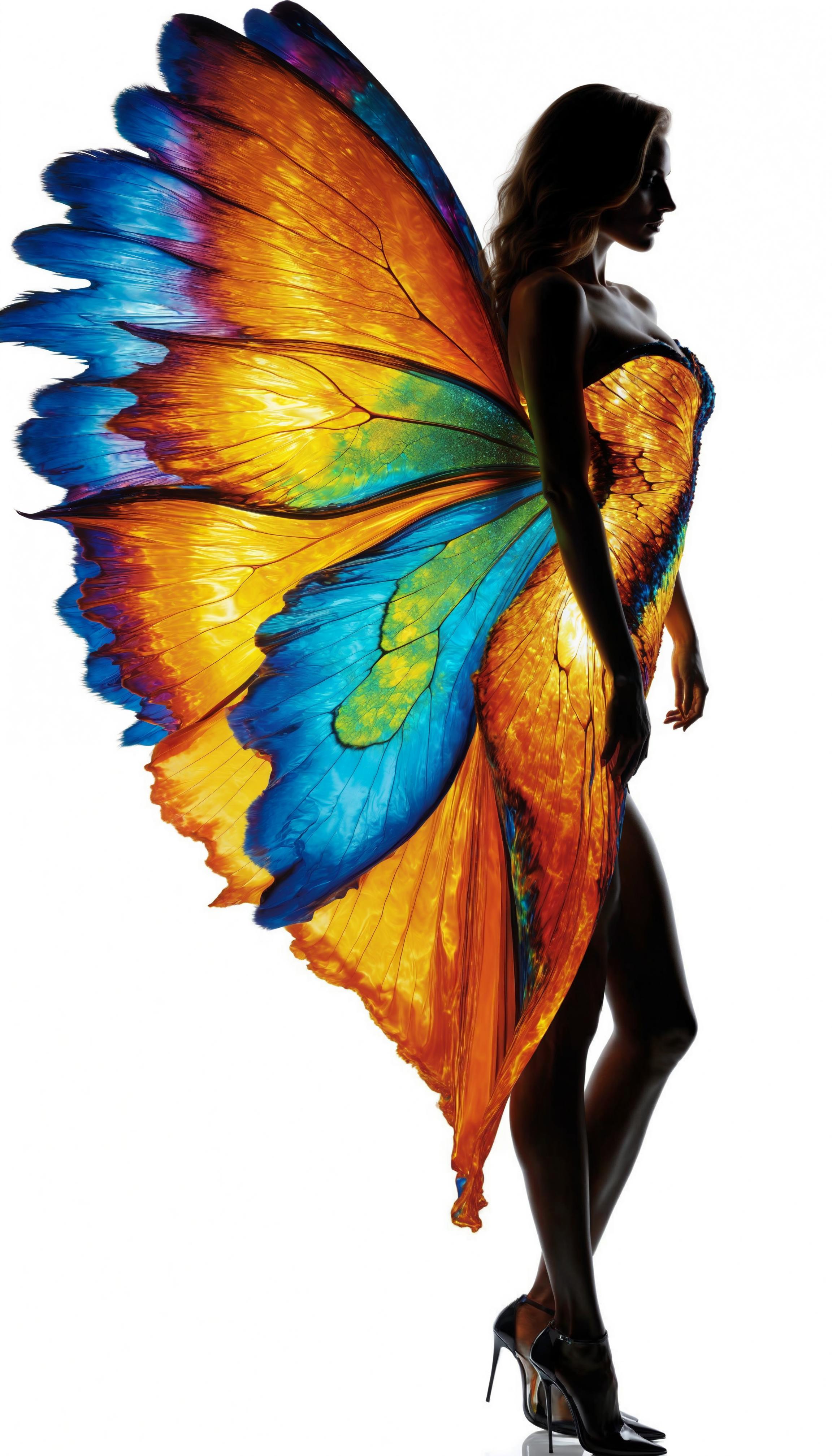 Woman in a Butterfly Dress with Vibrant Colors and a V-Cut Bikini Bottom.