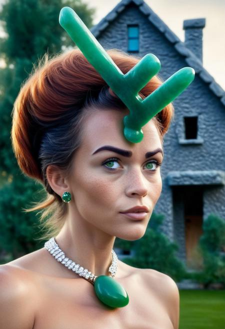 Obsidian Jade Style, 1girl, (sharp focus:1.2), round cheeks, upturned nose, (detailed eyes:1.1), (luscious lips:1.1), (large eyes:1.0) (chestnut hair:1.2) (moody lighting:1.2), depth of field, bokeh, 32K, HDR. hyper realistic, realistic eyes, (absurd res:1.1), beautiful lighting, sunlight, score_9, score_8_up, score_7_up, score_6_up, masterpiece, high quality, (best quality:1.1), milf, 1girl, gentle smile, tiara, medallion, Highly detailed beautiful expressive eyes. Glamorous Textured hair. Mischievous Smirk. Light makeup. Studio lighting. Photorealistic, Natural atmospheric lighting, intricate details, 35mm photograph, film, professional, sublime visuals, highly detailed, elegant, studio quality, (wears a bearskin:2), perfect body and face, absolutely outstanding image, cute fine face, fitness model, (jade Flintstones house:4), outdoors, (Jade ax:4).