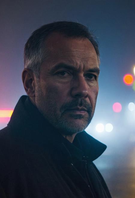 city street, neon, fog, volumetric, closeup photo of 50 y.o man in dark clothes, serious face