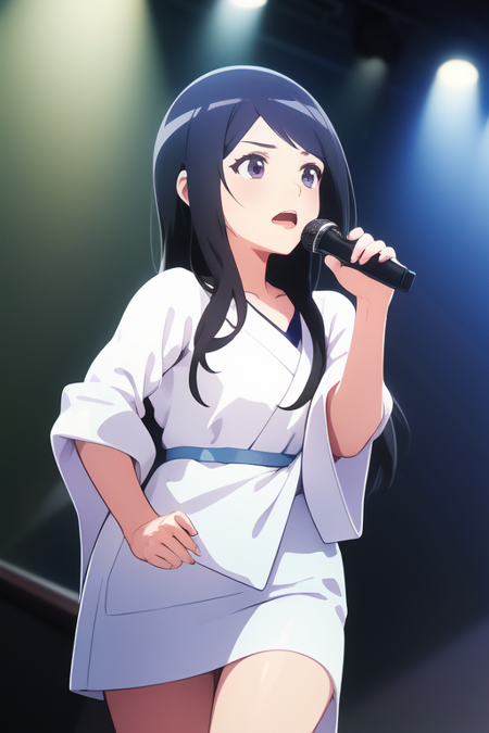 minorin, medium dark hair, swept parted bangs, masterpiece, best quality, intricately detailed, diffuse dynamic lighting, cinematic shadows, highres 4k, hdr, rtx on, seiyuu, chihara minori, voice actor, idol singing on stage, adult woman, microphone, celshaded, anime, 2d