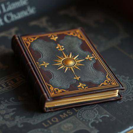 Brown medieval book with gold, grey background, cover, sun emblem, laying on a table