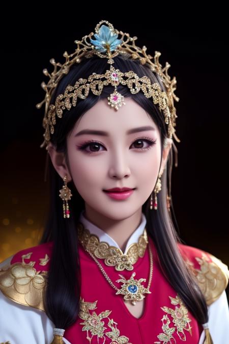 best quality, masterpiece, highres, 1girl, china cosume, large headpiece ,necklace, jewelry,Beautiful face,upon_body, tyndall effect,photorealistic, dark studio, rim lighting, two tone lighting,(high detailed skin:1.2), 8k uhd, dslr, soft lighting, high quality, volumetric lighting, candid, Photograph, high resolution, 4k, 8k, Bokeh,<lora:liziwxy:0.5>, <lora:HuangMeiXi:0.4>