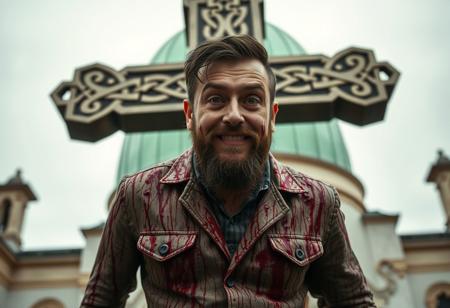 “Posaman, portrayed by Italian actor and comedian Lillo, should be reimagined in a chilling, blood-splattered style, highlighting his exaggerated, quirky poses with an unsettling twist. Using Panavision Prime lenses, capture every detail of his expressive face, short beard, and casual-yet-confident demeanor, now tinged with a sinister edge. In the background, a massive Celtic cross looms ominously, framed by a pastel green dome, both streaked and splattered with dark, fresh blood that drips and pools in unsettling patterns. His lifelike clothing is soaked in crimson splashes, adding a visceral layer to the hyper-realistic textures of the scene. His exaggerated, grotesque poses, coated in blood, create an intense blend of dark humor and horror, amplifying his macabre comedic style with an eerie, raw authenticity.”