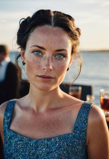 Stunning analogue photo of a beautiful 38 years old Dutch woman, wearing an absolute stunning dress, perfect face, absolute beauty, natural raven black hair, hairbun, blue eyes, perfect eyes, realistic eyes, freckles, freckles and moles all over body, realistic freckles, at a wedding reception in a cocktail bar at the Dutch seaside, soft light on her face, Rembrandt style light, sunset, beautiful sky, incredibly realistic