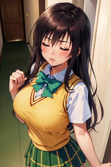 masterpiece, best quality, <lora:kotegawayui-nvwls-v1-000009:0.9> defYui, yellow sweater vest, white shirt, short sleeves, green bowtie, plaid miniskirt, large breasts, upper body, closed eyes, imminent kiss, from above, hallway, blush