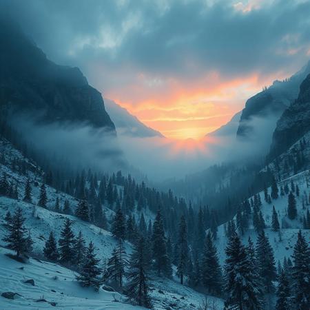 8k, source_photo, source_real, traditional media, real life photo, mountain valley, snow and ice, scattered pine trees, dungeons and dragons, medieval, early morning mist, sunrise,