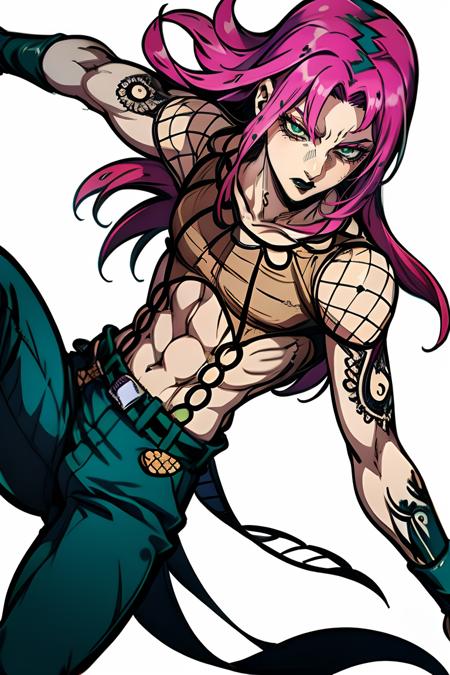 full body,  diavolo,  ((solo)),  1boy,  long hair,  fishnets,  pink hair,  pants,  belt,  wrist bands, 
detailed,  dramatic lighting,  hq,  hd,  black lips,  wallpaper,  tattoo,  green eyes,  closed mouth,  white background,<lora:EMS-45828-EMS:0.800000>,<lora:EMS-249640-EMS:0.900000>