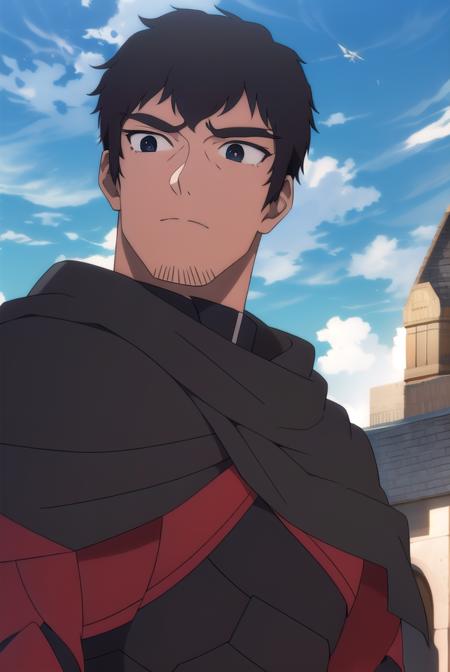 davion, <lora:daviontest:1>, 
davion, short hair, black hair, 1boy, facial hair, thick eyebrows, muscular male, bara, sideburns, mature male, stubble, muscular, (black eyes:1.5),
BREAK belt, cape, armor, bodysuit, black cape,,
BREAK outdoors,
BREAK looking at viewer, 
BREAK <lora:GoodHands-vanilla:1>, (masterpiece:1.2), best quality, high resolution, unity 8k wallpaper, (illustration:0.8), (beautiful detailed eyes:1.6), extremely detailed face, perfect lighting, extremely detailed CG, (perfect hands, perfect anatomy),