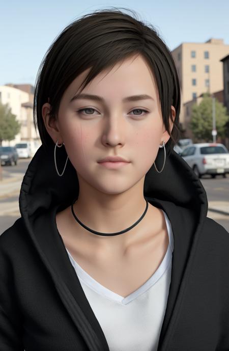 Stephanie23 \(Artist\),@StephaniE23_, 1girl, ((portrait shot)), hoop earings, black eyes, closed mouth, looking at viewer, short hair, hoodie, background: neighborhood, Street<lora:StephaniE23-Style:1>