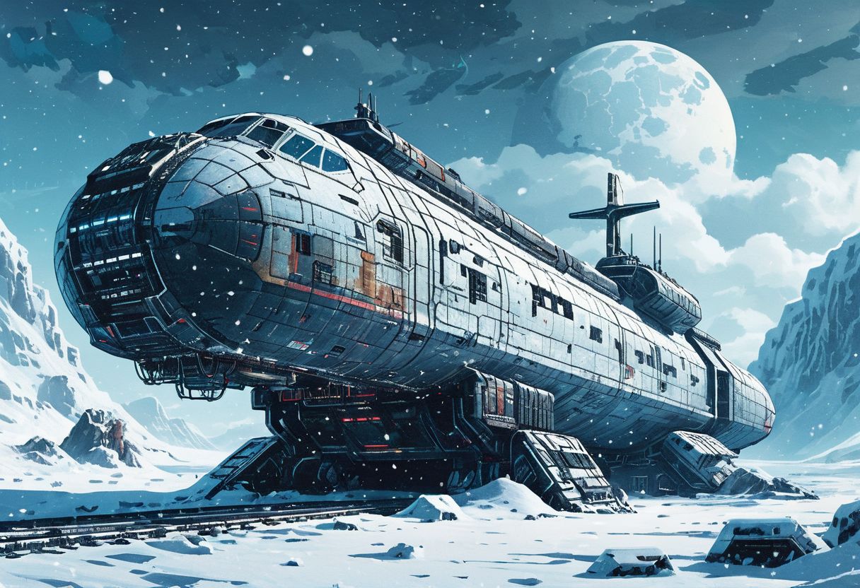 Retro futuristic image, a large spaceship abandoned in the snow, half Buried under snow, sharp, high detailed, realistic, cargo freighter