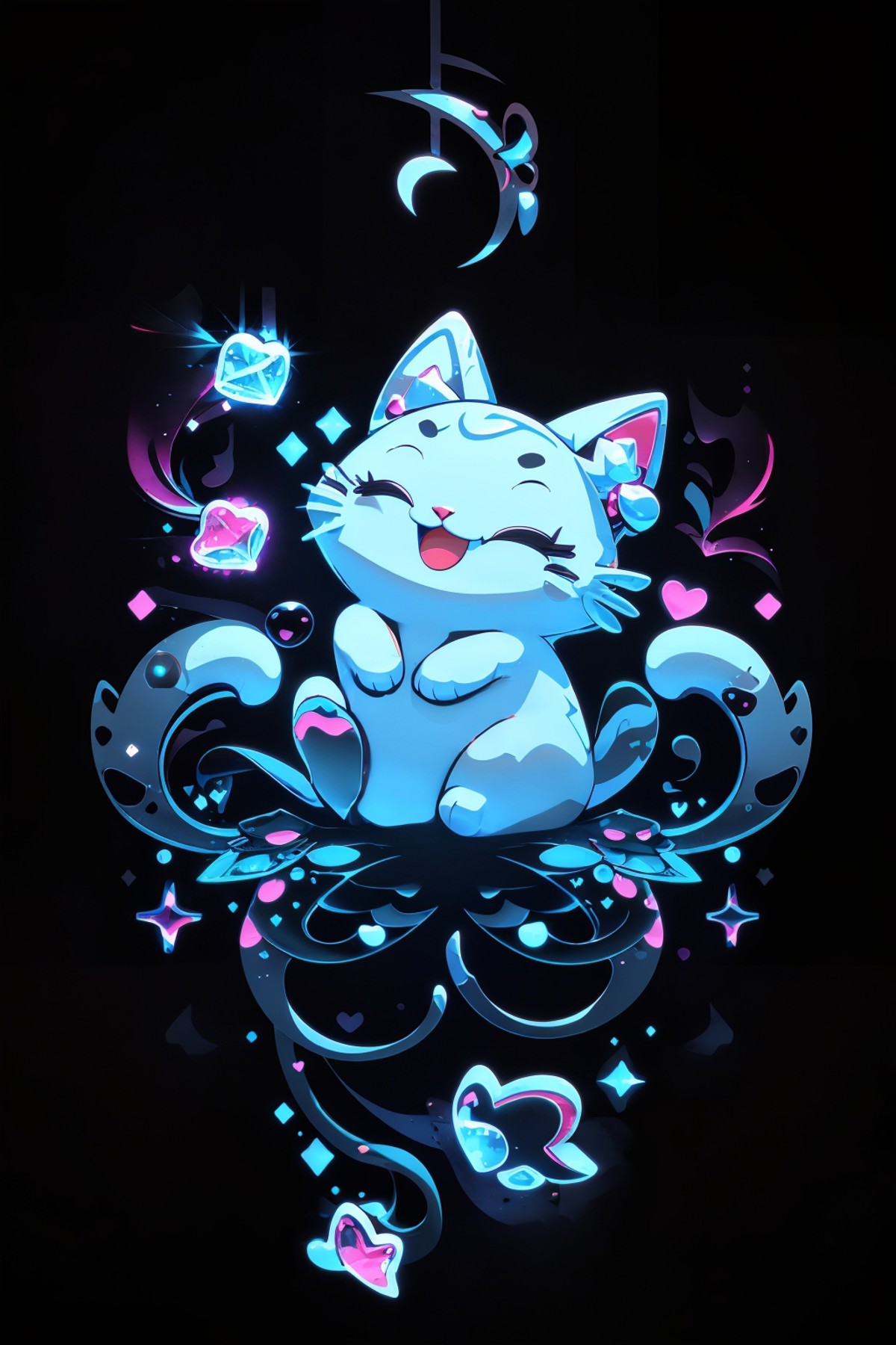 cute00d, smile, open mouth, full body, closed eyes, heart, sparkle, cat, black background <lora:cute00d-000020:.9>