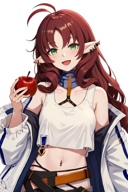 best quality, masterpiece, highres, solo, {myrtle_arknights:1.15}, long_hair, pointy_ears, bangs, red_hair, ahoge, green_eyes, smile, parted_bangs, open_mouth, piercing, blush, ear_piercing, brown_hair, 1girl, apple, food, fruit, holding, holding_food, holding_fruit, jacket, looking_at_viewer, tank_top, white_tank_top, bare_shoulders, long_sleeves, simple_background, white_background, white_jacket, :d, off_shoulder, upper_body