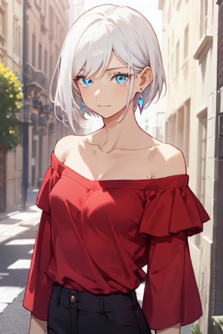MommyCecilia, 1girl, solo, short hair, blue eyes, red shirt, jewelry, collarbone, white hair, earrings, black pants, off shoulder, 