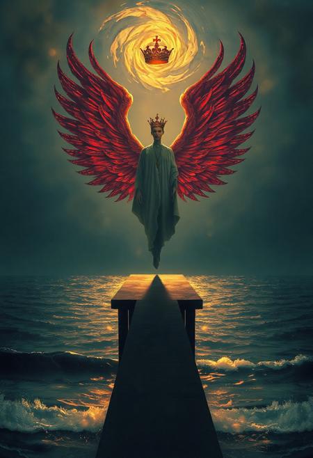 A minimalist pier vanishes into a glowing ocean, and atop it, a crowned, prophetic figure stands surrounded by a halo of swirling light and ornamental wings, painted in Fuchsian detail.,  haunting shadows, dreamlike atmosphere, highly detailed, mood of sophistication, dramatic lighting None, mastery of texture and form, serene twilight, shallow depth of field, captivating, twisted dimensions