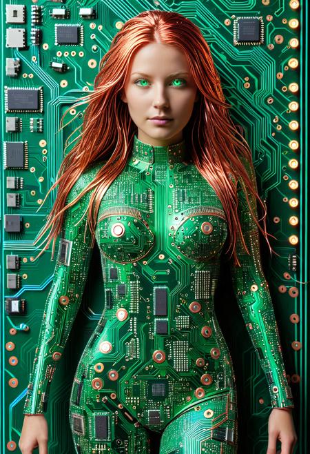 pcb_style, , full body portrait of a woman entirely made of green printed circuit boards, microchips, and electronic components, including her skin and facial features, intricate solder joints and glowing copper traces forming smooth metallic textures, flowing hair made of detailed copper cables, glowing LED eyes, elegant and confident pose, soft neon blue and magenta lighting, futuristic high-tech background with complex electronic patterns, photorealistic digital art, ultra detailed