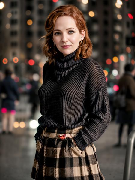 a photo of Katherine Parkinson, stylish, in a turtle-neck sweater, plaid skirt, full-body, city bokeh lights  <lora:Katherine-Parkinson-v10-e10:0.7>