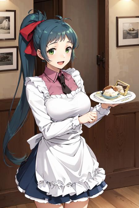 (masterpiece), (best quality), (ultra-detailed), photorealistic, (best illustration), (an extremely delicate and beautiful), 1girl, irakokc, collared shirt, black necktie, blue skirt, frilled skirt,  kappougi, apron, breasts, hair bow, ponytail, very long hair, (antenna hair), indoors, long sleeves,<lora:irako_nai_1-11:0.7:lbw=INS_MIDD> frilled cuffs, holding tray, plate, ice cream, looking at viewer, :d, feet out of frame, cafe, green eyes, standing,