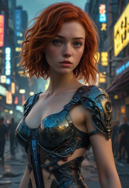 High resolution ultra-realistic of Beautiful Cyberpunk girl, 8k, capturing the intensity of the moment, cinematic lighting, standing on a troubled street in a futuristic city in a bloody battle, wavy red hair, realistic dirty pale face, realistic blue eyes, beautiful hourglass figure, burning in a futuristic city, intricately designed cyberpunk style clothes dirty colorful robes, Cyberpunk Aesthetic, perfect athletic figure, beautiful Sadie Sink as Cyberpunk girl, ultra realistic, cinematic style, vigorous and seductive, athletic figure, Cyberpunk sci-fi style, dramatic lighting, wet and sweaty skin, dirty pale skin, athletic figure, dark fantasy, dramatic lighting, Greg Rutkowski style, Cyberpunk girl on in cool dress, hyper-detailed, hyper-realistic, natural light, extremely intricate details, masterpiece, epic, bright colours, Attractive 21 old years girl, beautiful firm Breasts, sharp focus, digital painting, Photograph Taken on Nikon D750, Alphonse Mucha, athletic figure, Hyperdetailed, hyperrealism, Attractive, Attractive bust girl, asymmetric balance