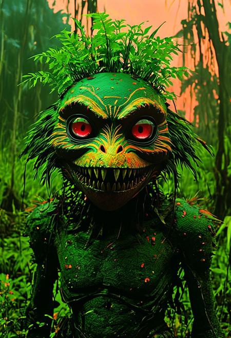 medium shot of a Deku Baba, plant-like creature, snapping jaws, swampy background, vibrant greens, sense of predatory danger, dynamic posture, lush environment, 
In the style of dark fantasy VHS, capturing the eerie atmosphere of Majora's Mask with 80s live-action animatronics and practical effects, evoking a haunting, surreal aesthetic with a retro, grainy texture
in the style of the decaying empire of Wrstreich, dark magic and grotesque creatures abound, inspired by Sean Aaberg's punk aesthetic, dark fantasy world combines grim landscapes with vibrant, exaggerated neon colorful art, old 80's VHS dark fantasy, VHS screen grab, grainy, old footage