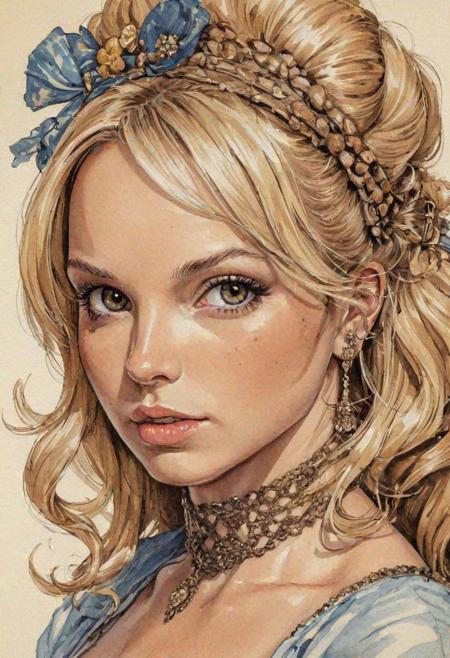 Britney Spears, detailed face, parted lips, (image by Brian Kesinger:1.05), Victoria era, in coloring pencil, (color by Johannes Vermeer), (masterpiece, highly intricate details, high quality, best quality:1.1)