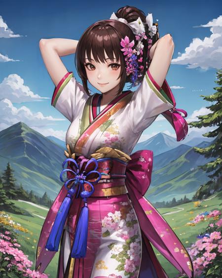 best quality, (masterpiece:1.2), illustration, absurdres, bright colors, vivid colors,
(1girl), (solo), (beautiful detailed girl), cowboy shot,
<lora:OichiSW4-07:0.9>,  Oichi, brown hair, ponytail, hair ornament, brown eyes, medium breasts,
pink dress, japanese clothes, long kimono, short sleeves, tabi socks, sandals,
magical forest, flowers, distant mountains, sky, clouds,
looking at viewer, confident, gentle smile,
((arms up)),