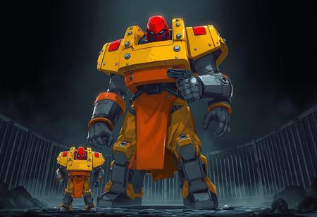 "In a striking 4K illustration, a towering Garbage Lord stands ready for action, their vibrant yellow and orange body contrasting with gray arms and legs, and a red head. A gun is equipped on their right arm. In the foreground, a smaller Garbage Lord adds depth. The stark Infinite Prison background highlights the dynamic action pose of the main details.  intricate details, cinematic lighting, and powerful message of the artwork."