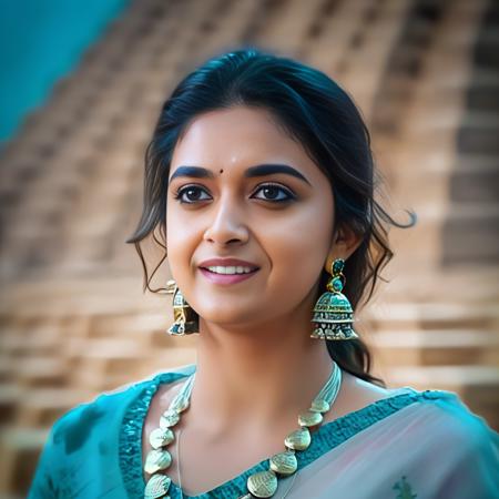 KeerthySuresh, photograph, Loathsome Bavarian Female, Gunner, wearing Exquisite Scales Deel, background is The Great Pyramid of Giza, horizon-centered, Surprising, hyper detailed, monotype, film grain, dslr, macro lens,  <lora:KeerthySureshSDXL:1>