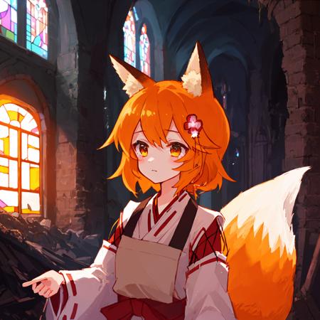 ((best quality:1), (masterpiece:1), (ultra-detailed:1):1.3), dark night, low brightness, detailed background, cinematic lighting,, sen, animal ears, fox ears, fox girl, fox tail, hair flower, hair ornament, orange eyes, orange hair, short hair, tail, 1girl, solo, kimono, miko, japanese clothes,, girl explores ruins of church, broken stained glass, deserted spaces, detailed background, upper body,