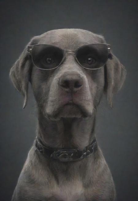 (best quality, 8K, high resolution, masterpiece), ultra detailed, (3D CGI), black sunglasses, trendy, fashionable, silver and black stylized angry muscle weimaraner on a black background, countryside advertising, winning photo,