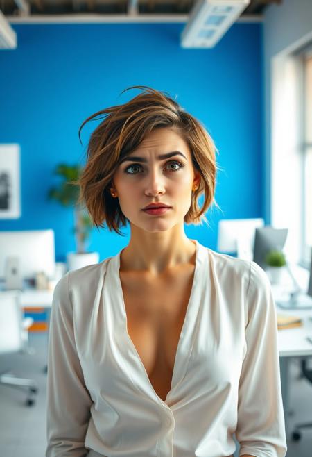A professional photo of a young woman standing in a modern office with a vibrant blue wall behind her. She has short, tousled brown hair and expressive eyebrows, wearing a low-cut white blouse that adds an elegant yet casual touch. Her facial expression is a mix of playful frustration and curiosity. The office background features clean, modern furnishings such as desks, chairs, a potted plant, and a computer screen, all slightly out of focus to create a natural depth of field, keeping the emphasis on the subject. The lighting is soft and evenly distributed, enhancing her features and the professional yet vibrant atmosphere