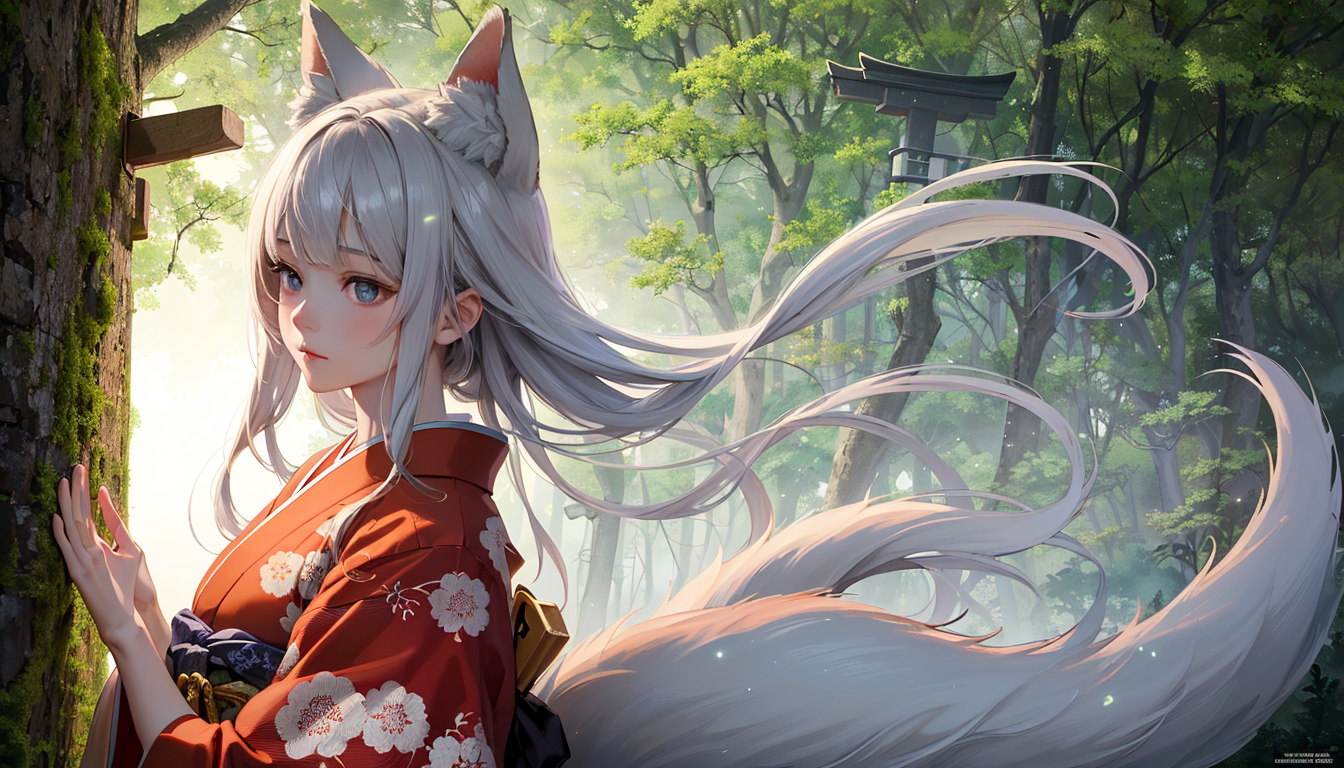 masterpiece, best quality,
1girl, looking at another,  outdoor, evening glow,  
japanese little deity with fox ears and ta...