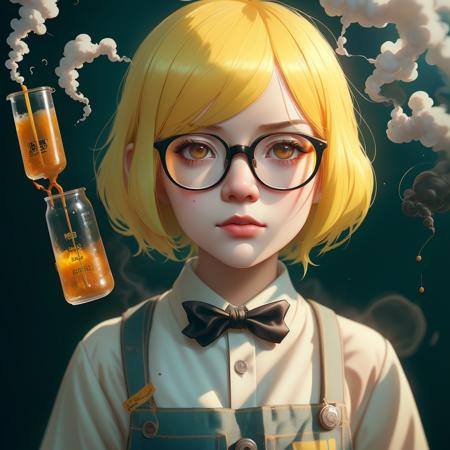 PROMPT
8 year old yellow hair, Ilya Kuvshinov, Illustration, Quirky and Kitchy style, Nerdy girl with glasses standing outside, Vintage and Distressed Style, Natural sunlight, Highly detailed, Digital painting, Artstation, Concept art, Sharp focus, Scientist, with beakers, scientific symbols, and tiny explosive smoke puffs  vsco-10000