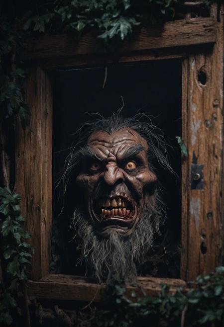 Horror-themed A Huge monster great race of baba-yaga sticking its head through a Baba Yagafe hut window from outside at night , dynamic lighting, matted fur and blood dripping from its , cinematic photorealistic, 8k uhd natural lighting, raw, rich, intricate details, key visual, atmospheric lighting, 35mm photograph, film, bokeh, professional, 4k, highly detailed . Eerie, unsettling, dark, spooky, suspenseful, grim, highly detailed, cinematic  photorealistic, 8k uhd natural lighting, raw, rich, intricate details, key visual, atmospheric lighting, 35mm photograph, film, bokeh, professional, 4k, highly detailed