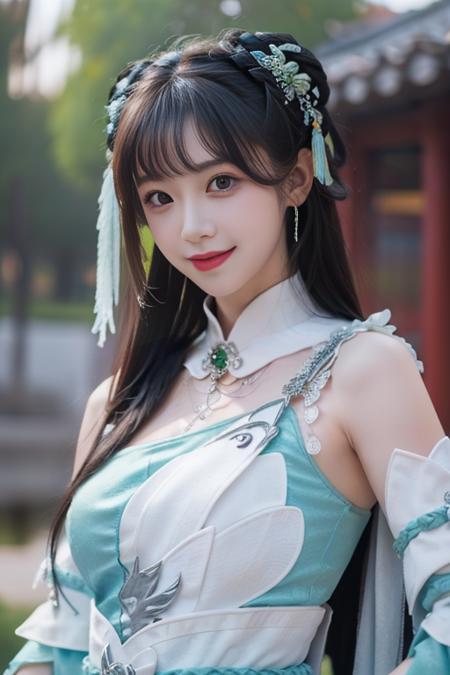 ltra-detailed,highly detailed,best quality,masterpiece,illustration,realistic,photorealistic,
zhuxianbiyao, 1girl, solo, cosplay, 
hanfu, jewelry, upper body, 
looking at viewer, light smile, 
<lora:zhuxianbiyao_v1_07:0.7>