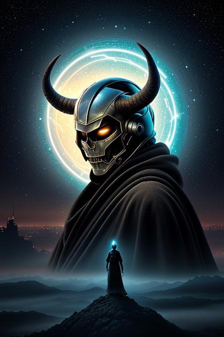 Cinematic, futuristic scene featuring a close-up portrait of a mysterious figure wearing a dark, flowing robe. The figure stands in a serene, dream-like landscape surrounded by massive, ancient pillars, under a vast starry night sky. The figure's helmet is elongated, with a transparent, glowing glass revealing swirling cosmic patterns and electric energy, evoking an otherworldly aura. Two large, symmetrical, twisted horns extend from the helmet, blending advanced technology with alien design. In the distant background, tall buildings and skyscrapers rise softly into a horizon with a gentle, ethereal glow, enhancing the enigmatic atmosphere. Highly detailed, hyper-realistic, soft lighting, HKMagic style