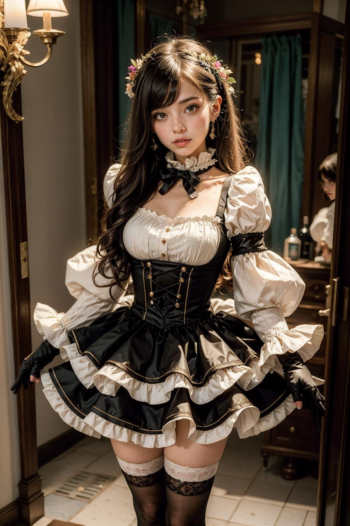 A woman in a Victorian-style dress with lace and black accents poses in a room.