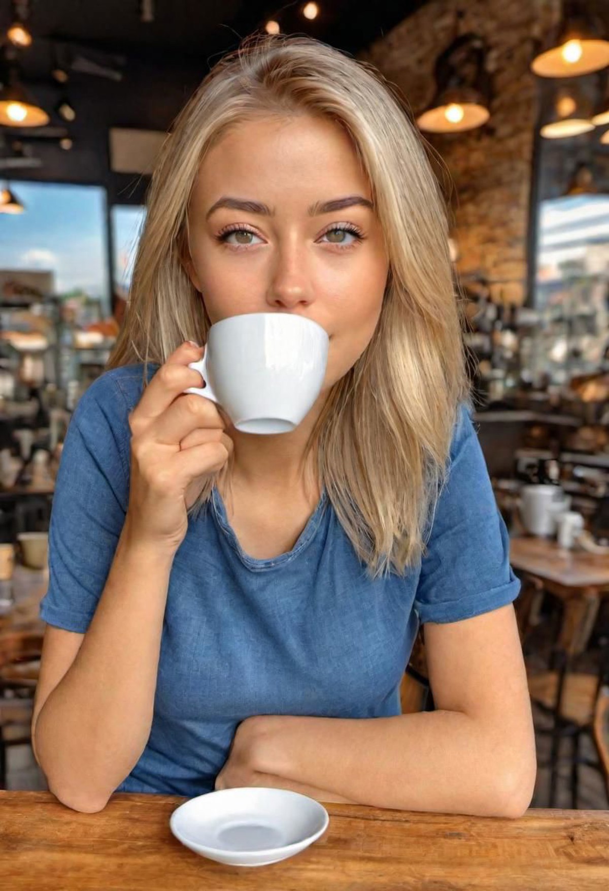 (masterpiece)
a beautiful blond girl drinking coffee, 
coffe shop background, 
HDR, 8k, trending on artstation,