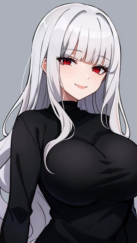 solo,
long hair, wavy hair, blunt bangs, hair over eyes, silver hair, red eyes, large breasts, light smile, gothic, black t-shirt, long sleeves,
simple background,
masterpiece, best quality, absurdres,