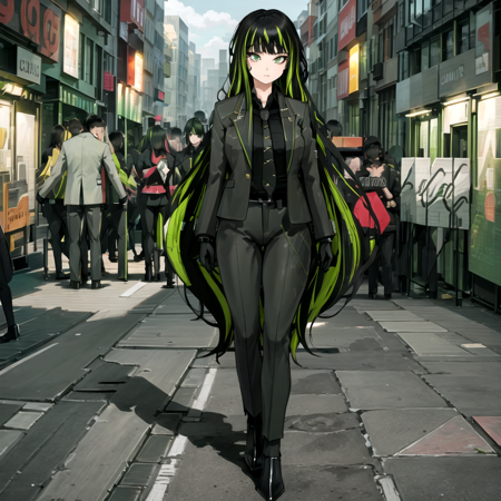 Alfonso the girl wearing a black suit and green hair, long hair, solo, multicolored hair, 1girl, green hair, streaked hair, gloves, formal, green eyes, black hair, black gloves, suit, pants, black footwear, necktie, full body, city background, very long hair, jacket, outdoors,