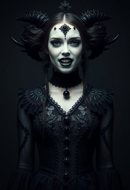 Medium shot, Symmetrical front view of a dark princess, pale sking, pale lips, vampire fangs, standing pose, in the style of infernal fasion, otherworldly beauty, infernalpunk, queencore, ornamented age aesthetics, coal and black, photography studio style