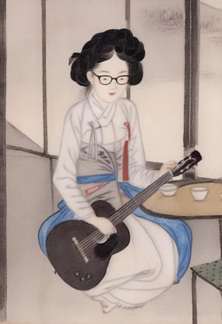 best quality, shinyunbok painting, a girl wearing glasses, playing guitar in the cafe <lora:shinyunbok_lora_sdxl_beta:1>