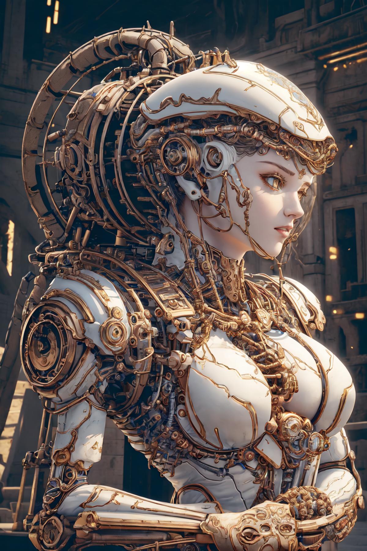 Anime-style robot woman with gold armor and glowing eyes.