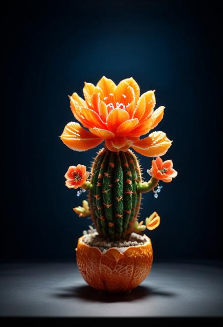 8k analog photo, Cactus made of blood orange, with blue flowers, blood orange style, dark background,