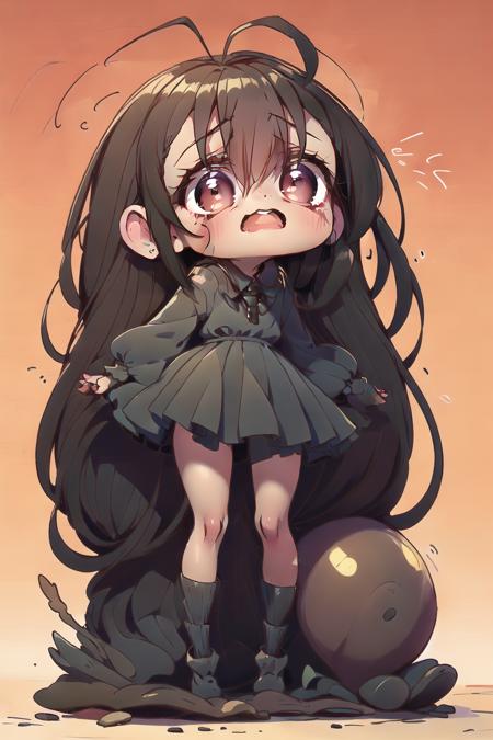 Gokicha, (1 girl), (chibi:1.2),(big face:1.3),(long hair touching the ground), Humanoid cockroach,Gokicha is anthropomorphized as a small, cute girl with characteristics similar to a cockroach. She has a dark brown, round body and delicate.
Big, round eyes,Gokicha has large, round eyes that are a bright brown color and often give off an innocent and optimistic glow.
Chubby cheeks,Beneath her eyes are plump cheeks, which often turn pink when she feels happy or embarrassed.
Long hair,Gokicha has long hair that is styled in layers, with bangs partially covering her forehead.
Cockroach features,One of the most notable features of Gokicha is her two wings and two brown "tails" at the back, resembling a cockroach's legs, which serve as a reminder that she is a cockroach anthropomorph.
Clothing,Gokicha usually wears a short brown dress with black trim at the bottom and a red necktie. She also wears brown 
shockpant and a pair of black shoes. <lora:cocroach_chan_copax_v1:0.9>, masterpiece,ultra realistic,32k,extremely detailed CG unity 8k wallpaper, best quality