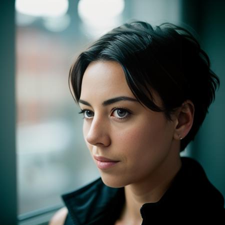 RAW photograph (portrait) of a 30 yo  <aubreyplazaface> woman with short hair, messy hair style (background is a bedroom window) wallpaper, poster, sharp focus, insanely detailed, lush detail, perfectionism, max detail, 4k, 8k, HD, UHD, masterpiece, hard edge, studio portrait, studio photography Leica M2, sigma 50mm Lens, f/5.6, #myportfolio, 500px