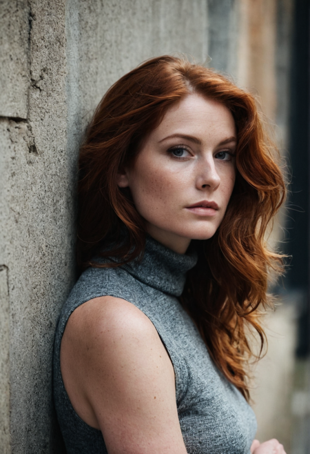 ((full body)), massive wavy auburn hair, (freckles:0.5), (melancholic),((daydreaming)), unkempt, (wide cheekbones), (round face), (professional magazine cover photo), (skin moles), (skin pores), (ecstasy), (arousement),(), (),(cinematic), bokeh, curvy 40 years old sturdy semetic woman, leaning old dirty cracked concrete wall in narrow alley, dark primed wall, strong eyebrows, wide cheekbones, big black eyes, sleeveless cozy body tight turtleneck pullover, belly top, open lips