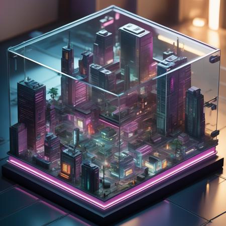 A cyberpunk city in a glass enclosure,  isometric style, miniature. scenary, <lora:isometric-v1:1>