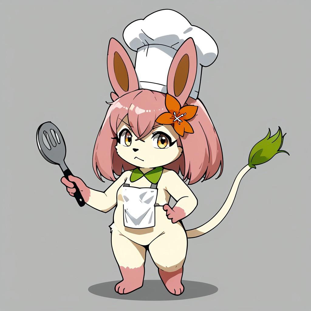 Flopie cartoon, furry, pink hair, chibi, wearing chef hat, holding a pan in her left hand, and a spatula in her right hand, grey background