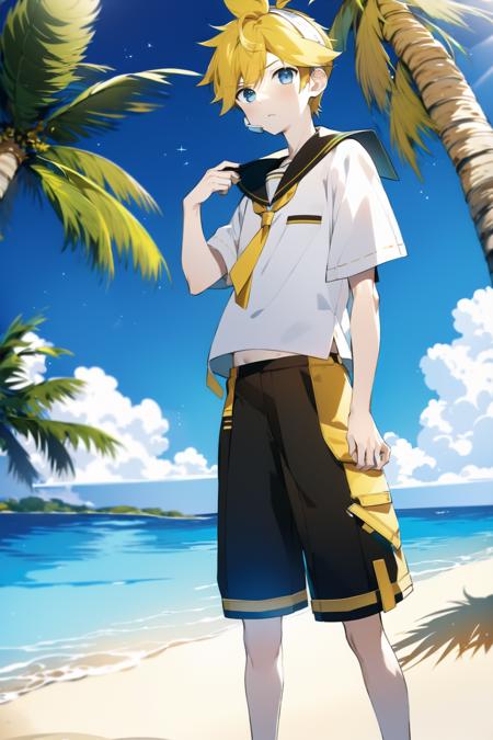 masterpiece, best quality, <lora:KagamineLenV1:0.8>, (1boy), sailor_collar, white shirt, Kagamine_Len, yellow hair, standing, (8k:0.7), (detailed Background of a beach:0.7), palm tree, sand, [[slightly exposed belly ]], spiked hair, headphone,short pants,